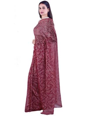 Lavangi Light Dark Maroon Hand Embroidered Lucknow Chikan Tepchi WorK Faux Georgette Saree with Blouse 2