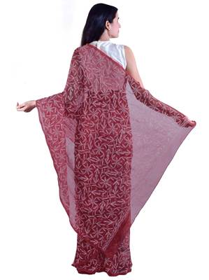 Lavangi Light Dark Maroon Hand Embroidered Lucknow Chikan Tepchi WorK Faux Georgette Saree with Blouse 3