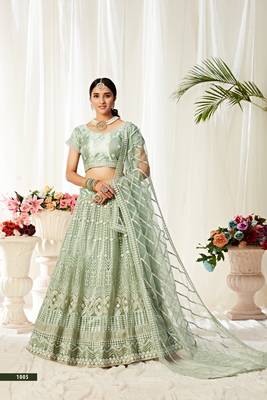Light-teal embroidered net semi stitched lehenga 1