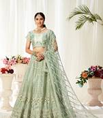 Light-teal embroidered net semi stitched lehenga