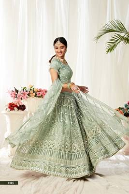 Light-teal embroidered net semi stitched lehenga 2