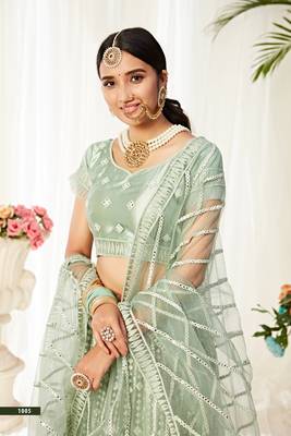 Light-teal embroidered net semi stitched lehenga 4
