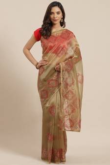 Light Brown Woven Organza Saree With Blouse