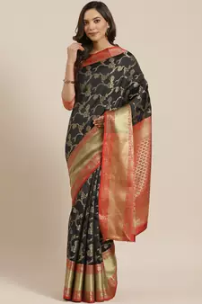 Black Woven Banarasi Silk Saree With Blouse