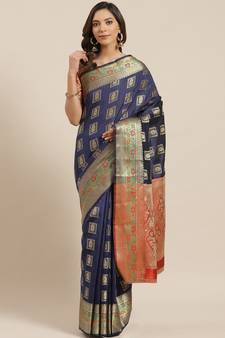 Navy Blue Woven Banarasi Silk Saree With Blouse
