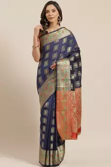 Navy Blue Woven Banarasi Silk Saree With Blouse