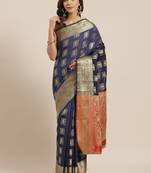 Navy Blue Woven Banarasi Silk Saree With Blouse