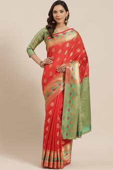 Red Woven Banarasi Silk Saree With Blouse