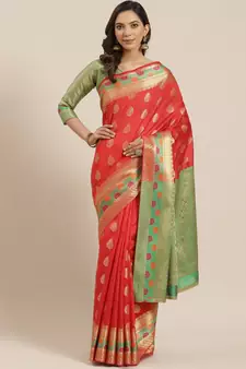 Red Woven Banarasi Silk Saree With Blouse