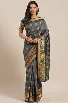 Grey woven banarasi silk saree with blouse