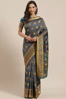 Grey woven banarasi silk saree with blouse