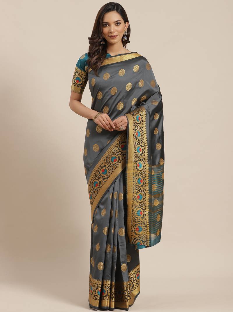Grey woven banarasi silk saree with blouse