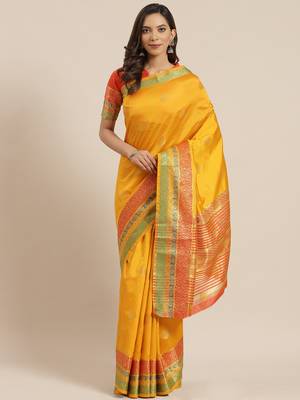Yellow woven banarasi silk saree with blouse 1