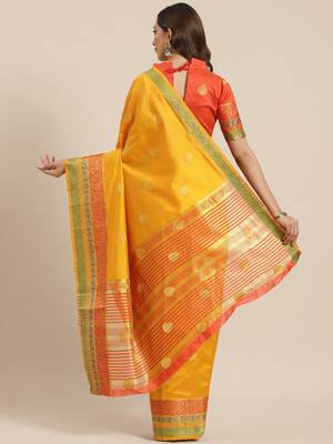 Yellow woven banarasi silk saree with blouse 2