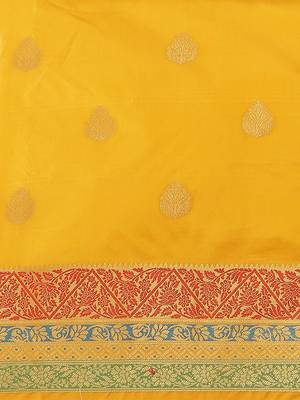 Yellow woven banarasi silk saree with blouse 3