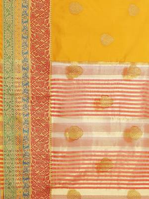 Yellow woven banarasi silk saree with blouse 4
