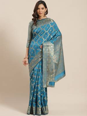 Blue woven banarasi silk blend saree with blouse 1