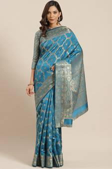 Blue woven banarasi silk saree with blouse