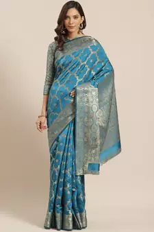 Blue woven banarasi silk saree with blouse