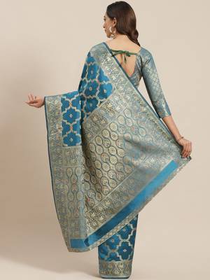 Blue woven banarasi silk blend saree with blouse 2