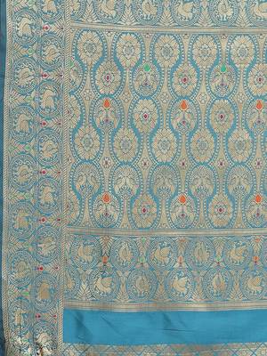 Blue woven banarasi silk blend saree with blouse 4