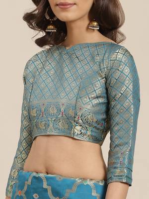 Blue woven banarasi silk blend saree with blouse 5