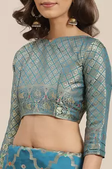 Blue woven banarasi silk saree with blouse
