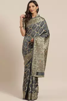 Grey Woven Banarasi Silk Saree With Blouse