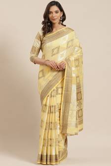 Yellow Printed Linen Saree With Blouse