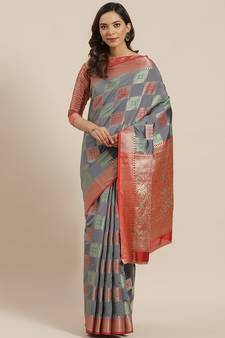 Grey Woven Banarasi Saree With Blouse