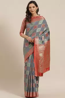 Grey Woven Banarasi Saree With Blouse