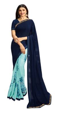 Blue printed georgette saree with blouse 1