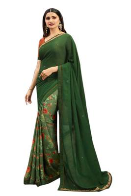 Green printed georgette saree with blouse 1