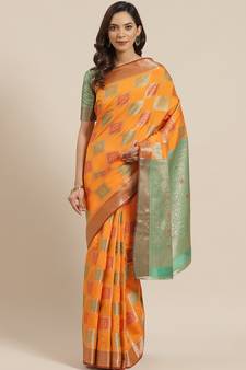 Orange Woven Banarasi Saree With Blouse