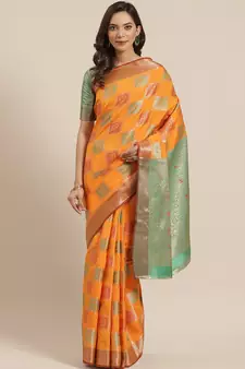 Orange Woven Banarasi Saree With Blouse