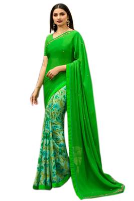Parrot green printed georgette saree with blouse 1
