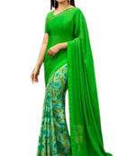 Parrot green printed georgette saree with blouse