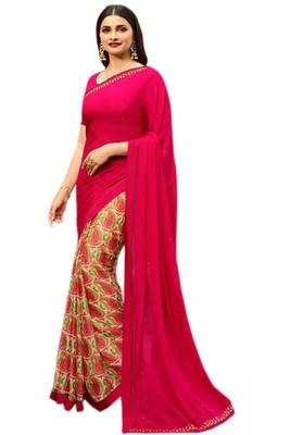 Pink printed georgette saree with blouse 1