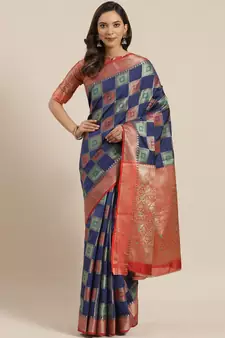 Navy Blue Woven Banarasi Saree With Blouse