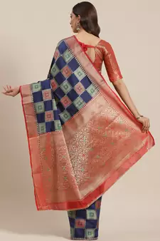 Navy Blue Woven Banarasi Saree With Blouse