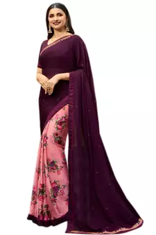 Purple printed georgette saree with blouse
