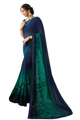 Blue printed georgette saree with blouse 1