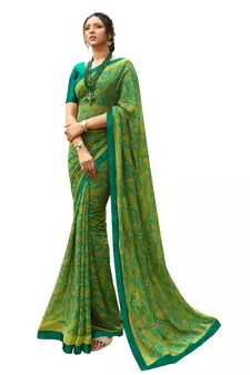 Parrot green printed georgette saree with blouse