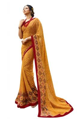 Yellow printed georgette saree with blouse 1