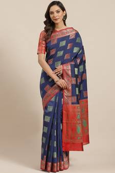 Navy Blue Woven Banarasi Saree With Blouse