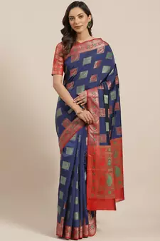 Navy Blue Woven Banarasi Saree With Blouse