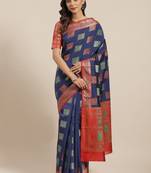 Navy Blue Woven Banarasi Saree With Blouse