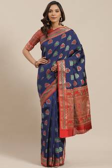 Navy Blue Woven Banarasi Saree With Blouse