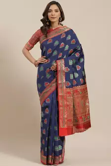 Navy Blue Woven Banarasi Saree With Blouse