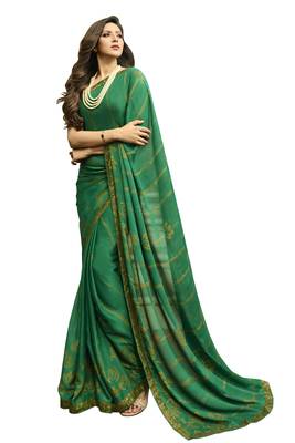 Green printed georgette saree with blouse 1